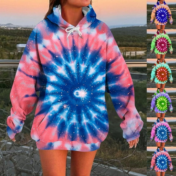 Idoravan Sweatshirt for Women Graphic Women's Printing Blouses Hooded Sweatshirts Long Sleeved Pocket Fashion Top Tie Dye Sweatshirt Women orange L