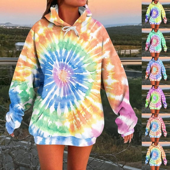 Idoravan Sweatshirts for Women Graphic Women's Printing Blouses Hooded Loose Sweatshirts Long Sleeved Pocket Fashion Top Womens Tie Dye Sweatshirt Yellow L