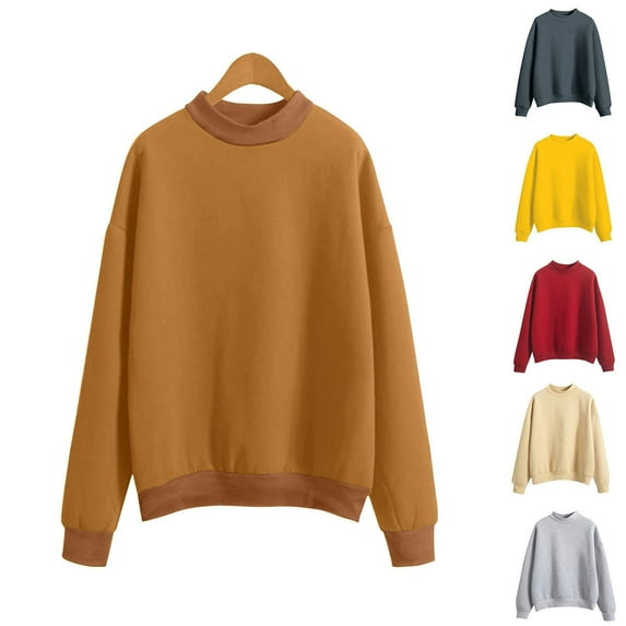 Idoravan Sweatshirts for Women Women Long Sleeves Casual Shirts Solid Color Round Neck Sweatshirt Crewneck Pullover Tunic Tops Yellow