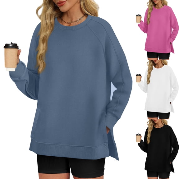 Idoravan Sweatshirts for Women Womens Casual Solid Color Long Sleeve Round-Neck Pullover Sweatshirt Black
