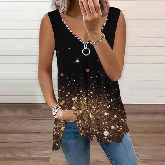 Idoravan Tank Tops for Women Clearance Fashion Women Summer Sleeveless V-Neck Pullover Print Casual Blouse Tops