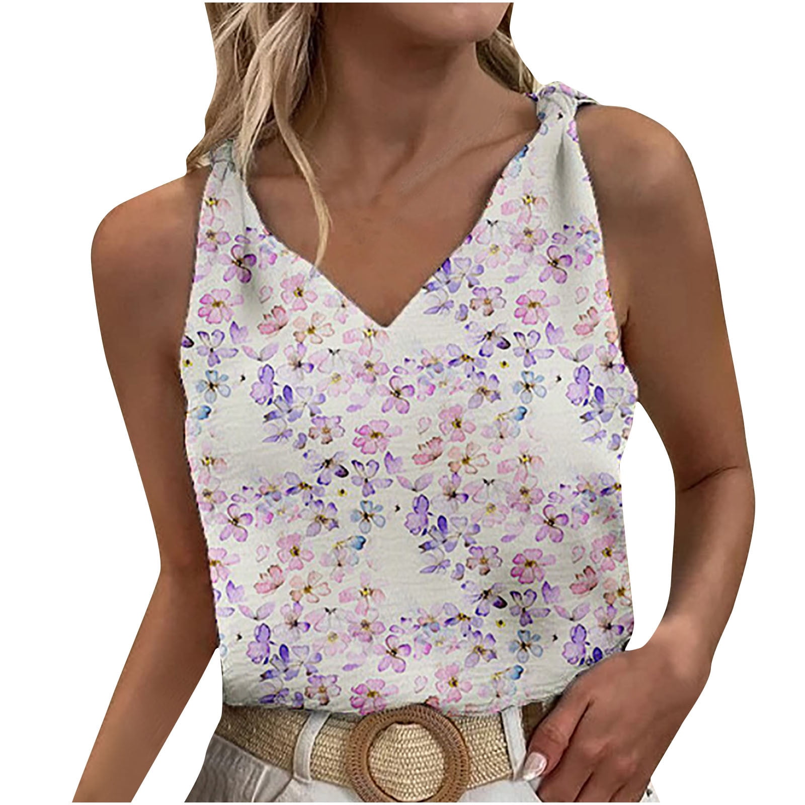 Idoravan Tank Tops for Women Clearance Women Summer Sexy Vest Pullover  Blouse V-Neck Short Sleeveless Solid And Printed Tops Tank 