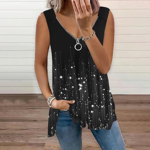 Idoravan Tank Tops for Women Clearance Fashion Women Summer Sleeveless V-Neck Pullover Print Casual Blouse Tops