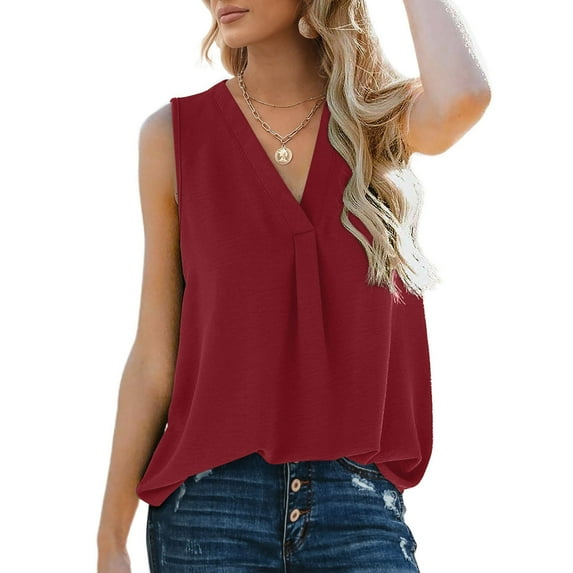 Idoravan Tank Tops for Women Women Blouse T-shirt Tunic Tops Loose Casual Sleeveless V-Neck Solid Casual