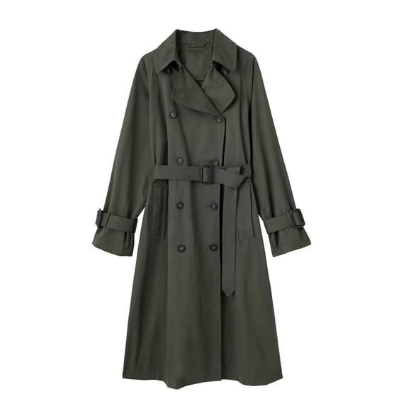 Idoravan Trench Coats for Women Plus Size Fashion Women Long Sleeved Round Neck Solid Color Equipped with A Belt and Strap Embellishment Trench Coat Army Green M