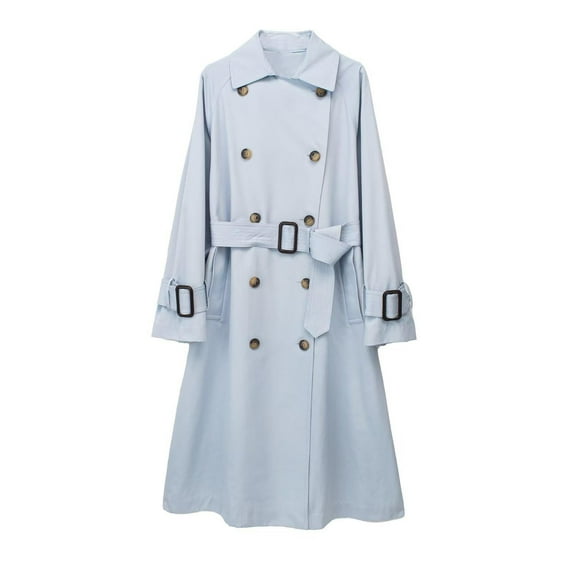 Idoravan Trench Coats for Women Plus Size Fashion Women Long Sleeved Round Neck Solid Color Equipped with A Belt and Strap Embellishment Trench Coat Light Blue XS