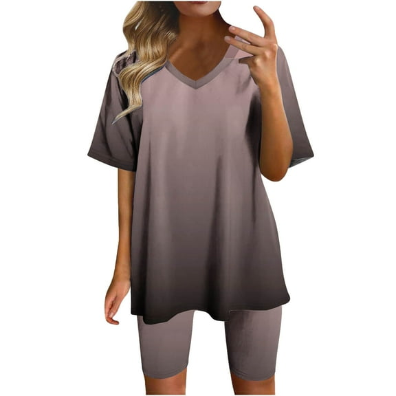 Idoravan Two Piece Sets Women Clothing Womens Sets 2 Piece Outfits Lounge Women Fashionable Loose Fitting Casual Printed Shorts Short Sleeved-Neck Blouses Sets