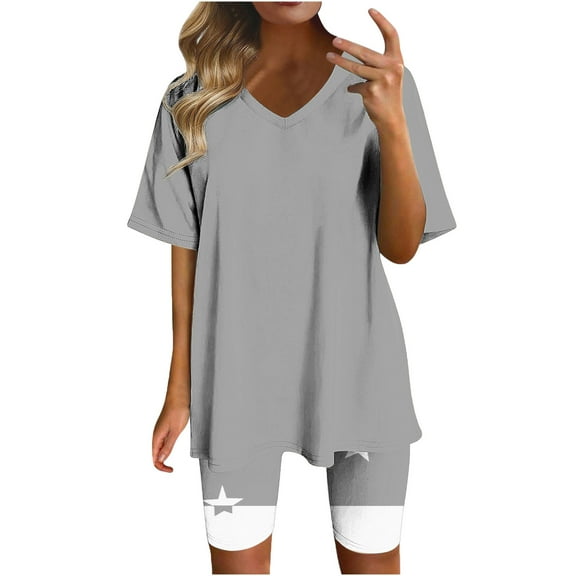 Idoravan Two Piece Sets Women Clothing Summer Pajamas for Women Women Fashion Printed V-Neck Blouse Short Sleeve Shorts Casual Suit Sets