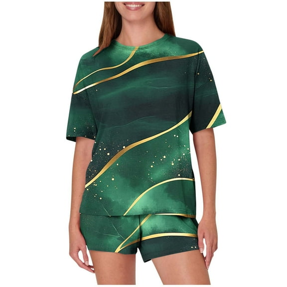 Idoravan Two Piece Sets Women Clothing Summer Pajamas for Women Women's Casual Loose Printing Round Neck Short Sleeved Shorts Pajamas Suit