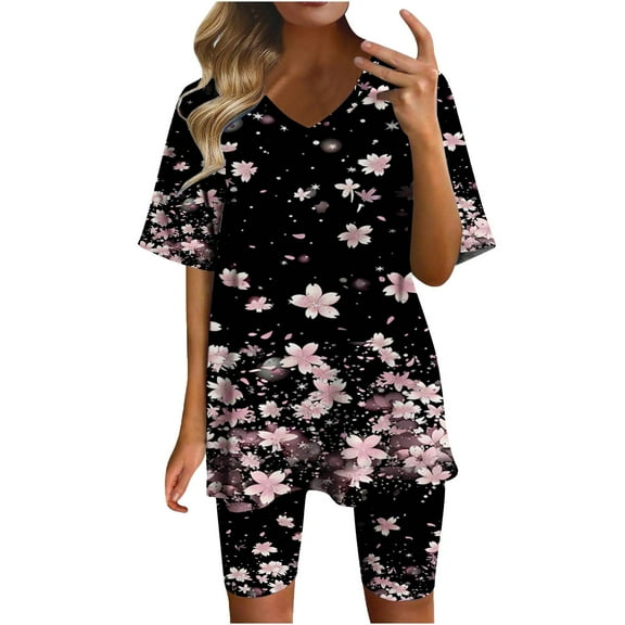 Idoravan Two Piece Sets Women Clothing Summer Womens Sets 2 Piece Outfits Lounge Women Fashionable Loose Fitting Casual Printed Shorts Short Sleeved-Neck Blouses Sets