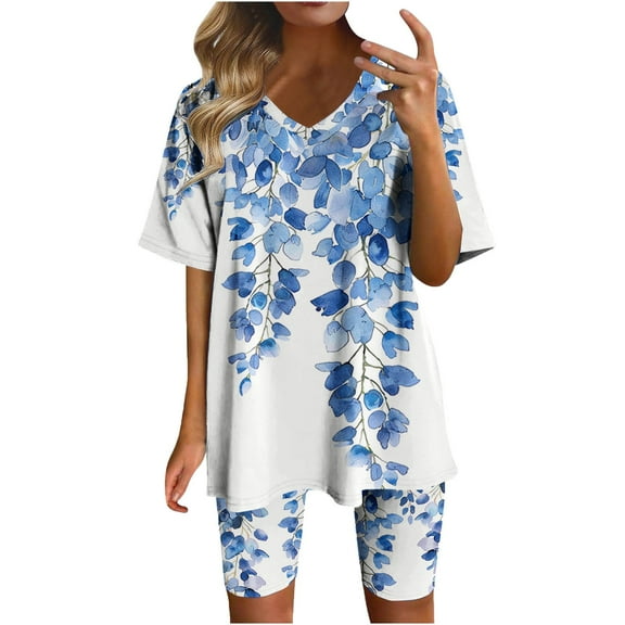 Idoravan Two Piece Sets for Women Shorts Summer Womens Lounge Sets 2 Piece Outfits Women Fashionable Loose Fitting Casual Printed Shorts Short Sleeved-Neck Blouses Sets