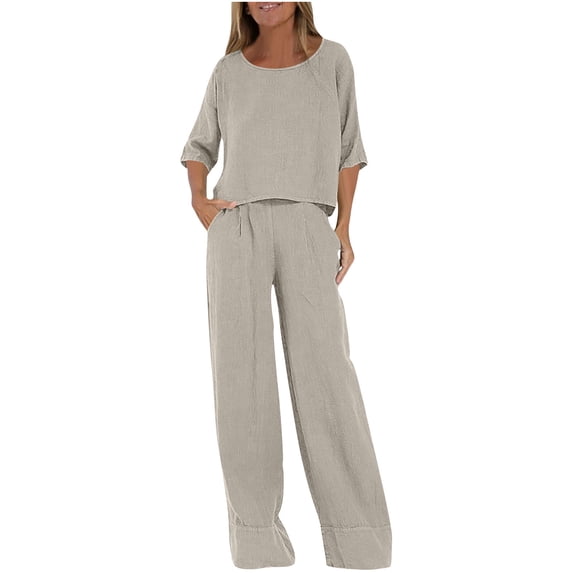 Idoravan Two Piece Sets for Women Casual Women's Casual Loose Solid Color Short-Sleeved Tops and Loose Pants Set