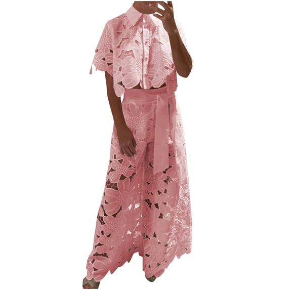 Idoravan Two Piece Sets for Women Outfit Women's Solid Color Hollow Cardigan Top Wide Leg Pants Two-Piece Set Short Sleeved Lapel Set