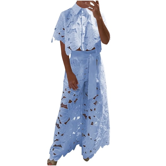 Idoravan Two Piece Sets for Women Outfit Women's Solid Color Hollow Cardigan Top Wide Leg Pants Two-Piece Set Short Sleeved Lapel Set