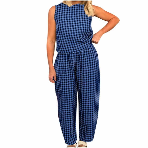 Idoravan Two Piece Sets for Women Women Fashion Plaid Printed Round-Neck Sleeveless Tops and High Waist Pants Suit