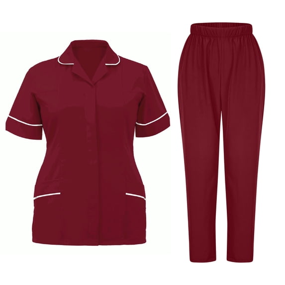 Idoravan Uniform Unisex Scrubs Set Scrub Top and Pants Women's Nurses Sets Tunic Uniform Clinic Carer-Neck Protective Tops and Pants Set Nurse Workwear