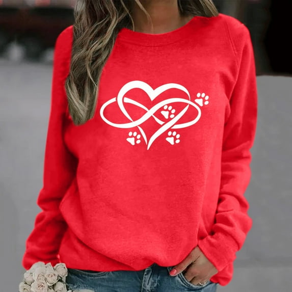 Idoravan Valentine's Day Clothing,Valentine's Day Outfits Women's Casual Footprints Printing Raglan Long Sleeve Shirts Blouse Tops Watermelon Red L