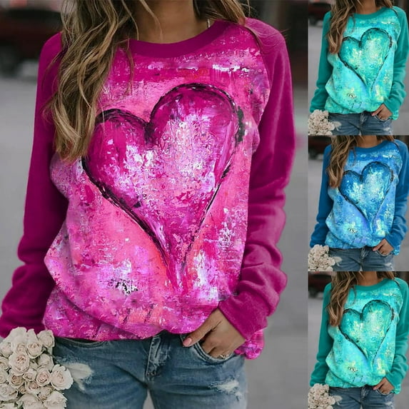 Idoravan Valentine's Day Sweatshirt for Women Clearance Woman's Round Neck Casual Long Sleeved Printing Stitching Sweater T Shirt Top Blue XL