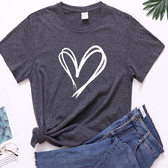 Idoravan Valentines Day Shirts for Women Love Heart Women Pullover Color Printing Short Sleeves T-shirt Tops Dark Gray M