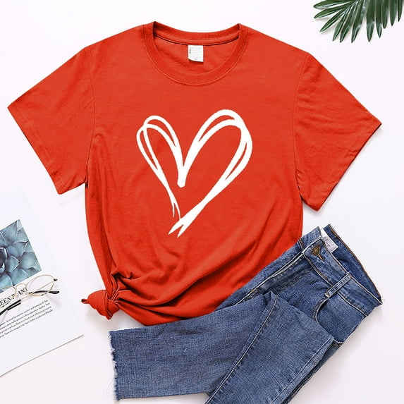 Idoravan Valentines Day Shirts for Women Love Heart Women Pullover Color Printing Short Sleeves T-shirt Tops Orange M