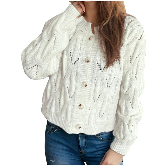 Idoravan White Cardigan for Women Women's Casual Long Sleeve Patchwork Knit Sweater Cardigan
