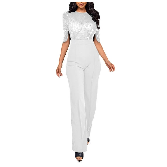 Idoravan White Jumpsuit Women Casual Women'S Solid Color High-Waisted Sleeveless Off-The-Shoulder Sequin Slim Long Sequin Romper