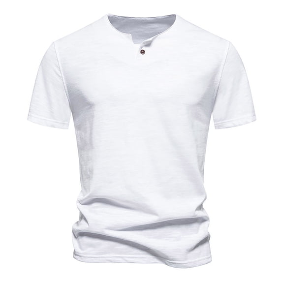 Idoravan White T Shirts for Men Summer Savings 2025 Summer Clothes for Men T-Shirt 1 Button Men's Short Sleeved T-shirt European Size Solid Color Loose Breathable Casual T-shirt Round Neck Top