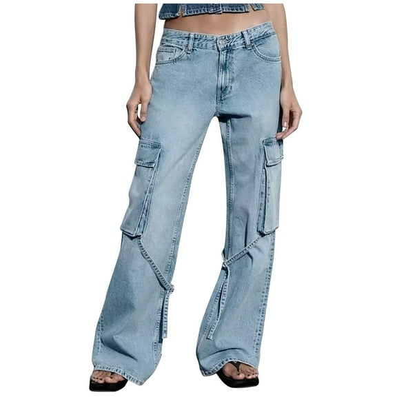 Idoravan Wide Leg Jeans Women High Waisted Spring And Summer New Women's Button Solid Fashion Casual Zipper Jeans Pants