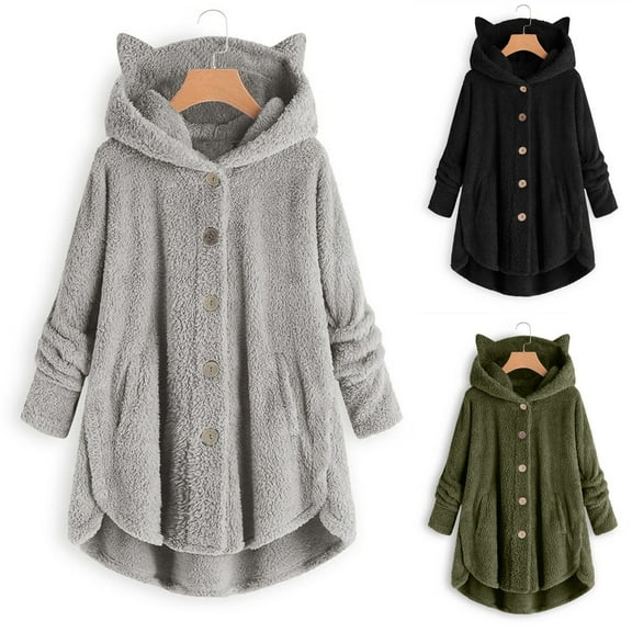 Idoravan Winter Cardigan Sweater Coat Sales Clearance Women Plus Size Button Plush Tops Hooded Loose Cardigan Wool Coat Winter Jacket Army Green