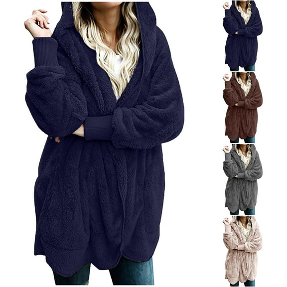 Idoravan Winter Cardigan Sweater Coat Sales Women's Oversized Open Front Hooded Draped Pockets Cardigan Coat Blue
