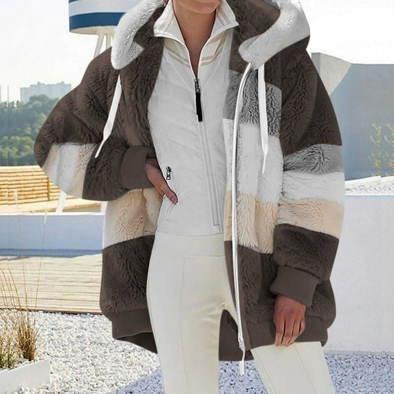 Idoravan Winter Coats for Women Plus Size Fashion Woman Long Sleeve Open Front Loose Outerwear Patchwork Blouse Coat Tops Pockets Blouse Coffee M