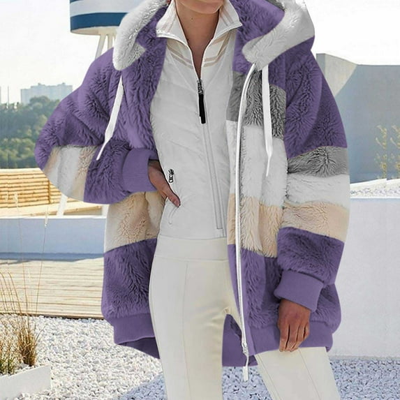 Idoravan Winter Coats for Women Plus Size Clearance Fashion Woman Long Sleeve Open Front Loose Outerwear Patchwork Blouse Coat Tops Pockets Blouse Purple XXXL