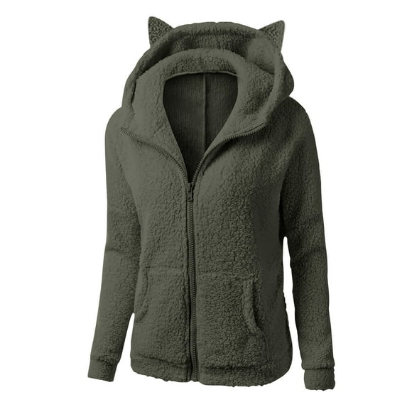 Idoravan Winter Coats for Women Plus Size Women Hooded Sweatshirt Winter Warm Wool Long Sleeve Zipper Coat OutwearTops with Pocket Army Green L