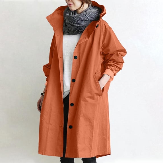 Idoravan Winter Coats for Women Plus Size Clearance Women Jacket Hooded Windproof Lightweight Plus Size Packable Long Windbreaker Outdoor Travel Hiking Trench Coats Orange L