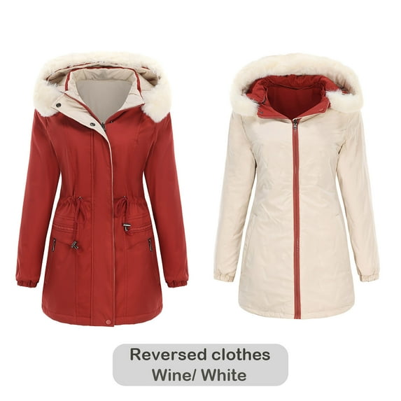 Idoravan Winter Coats for Women Plus Size Women's Reversible Warm Cotton Coat with Removable Hood, Long Sleeve Zipper, Thick Cotton Coat, Hooded Casual Jacket Wine XXL