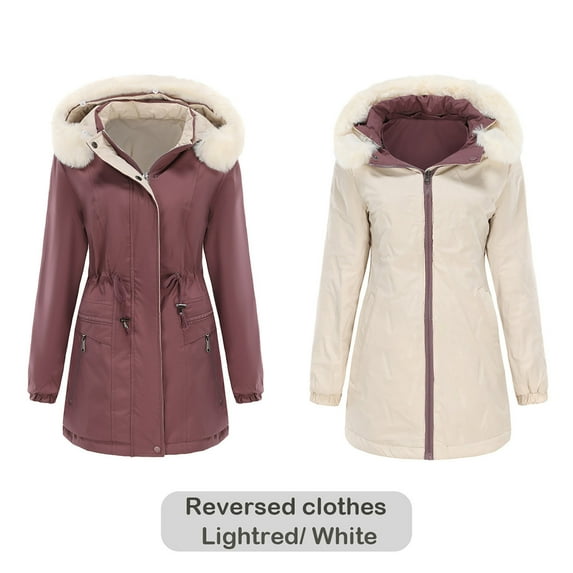Idoravan Winter Coats for Women Plus Size Women's Reversible Warm Cotton Coat with Removable Hood, Long Sleeve Zipper, Thick Cotton Coat, Hooded Casual Jacket Pink XL