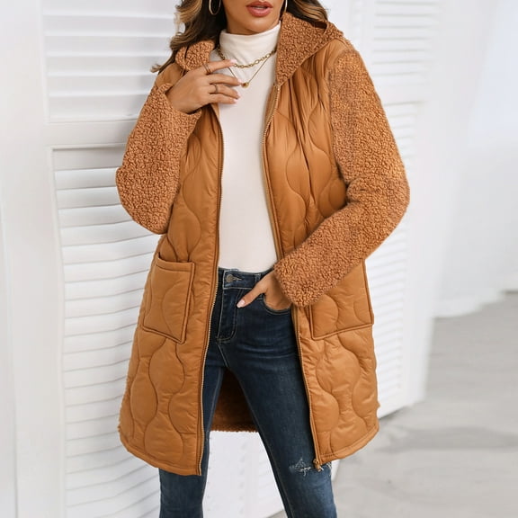 Idoravan Winter Coats for Women Ladies' Casual Color Patchwork Long-sleeved Hooded Cardigan Jacket Yellow XXL