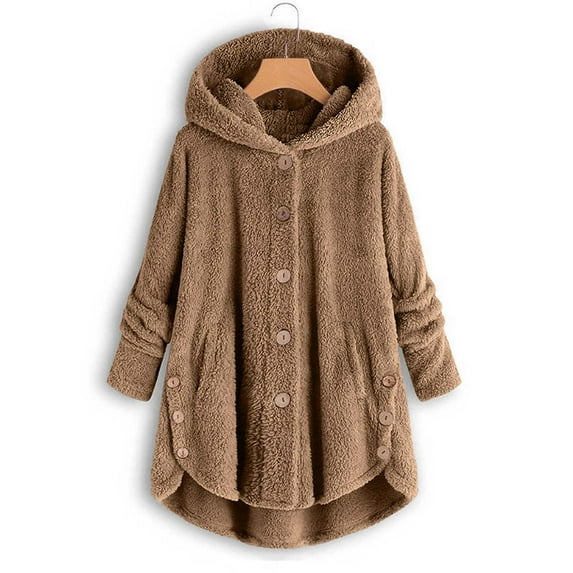 Idoravan Winter Coats for Women Plus Size Fashion Women's Button V-Neck Pullover Tops Long Sleeve Hooded Blouse Ciat Khaki S