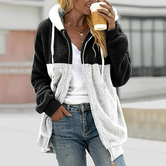 Idoravan Winter Coats for Women Plus Size Fashion Women's Zipper V-Neck Pullover Tops Long Sleeve Hooded Blouse Sweatshirt Black XXL