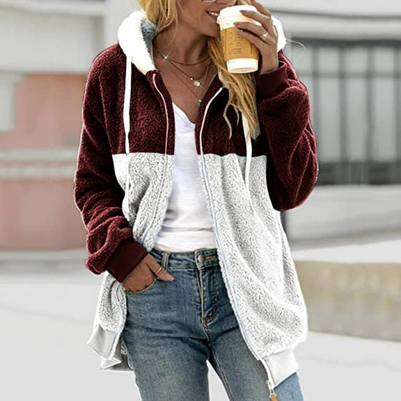 Idoravan Winter Coats for Women Plus Size Fashion Women's Zipper V-Neck Pullover Tops Long Sleeve Hooded Blouse Sweatshirt Wine S