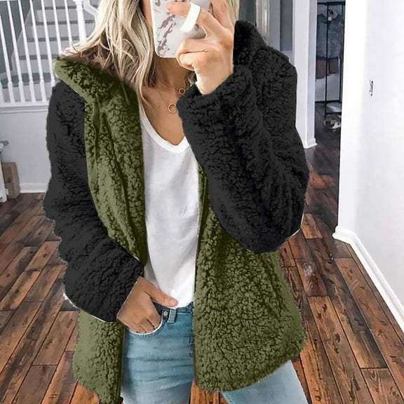 Idoravan Winter Coats for Women Plus Size Fashion Womens Warm Faux Coat Jacket Winter Splicing Zipper Solid Sleeve Outerwear Army Green M