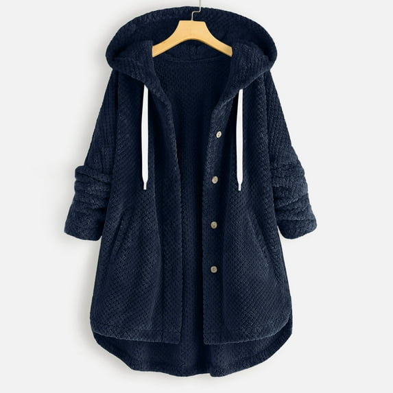 Idoravan Winter Coats for Women Plus Size Women Casual Button Jacket Pockets Long Sleeve Hooded Winter Plain Casual Tops Coat Dark Blue L