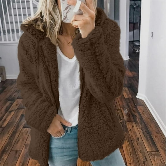 Idoravan Winter Coats for Women Plus Size Women Casual Solid Long Sleeve Zipper Hooded Plush Warm Sweatshirt Tops Brown S