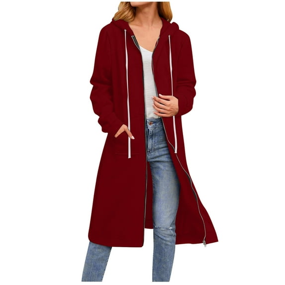 Idoravan Winter Coats for Women Plus Size Women Casual Solid Long Sleeve Zipper Pocket Shirt Hooded Sweatshirt Tops Wine XL