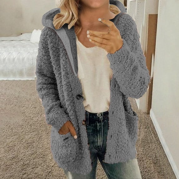 Idoravan Winter Coats for Women Plus Size Clearance Women Hooded Sweater Coat Winter Warm Wool Zipper Coat Long Sleeve Outwear Dark Gray M
