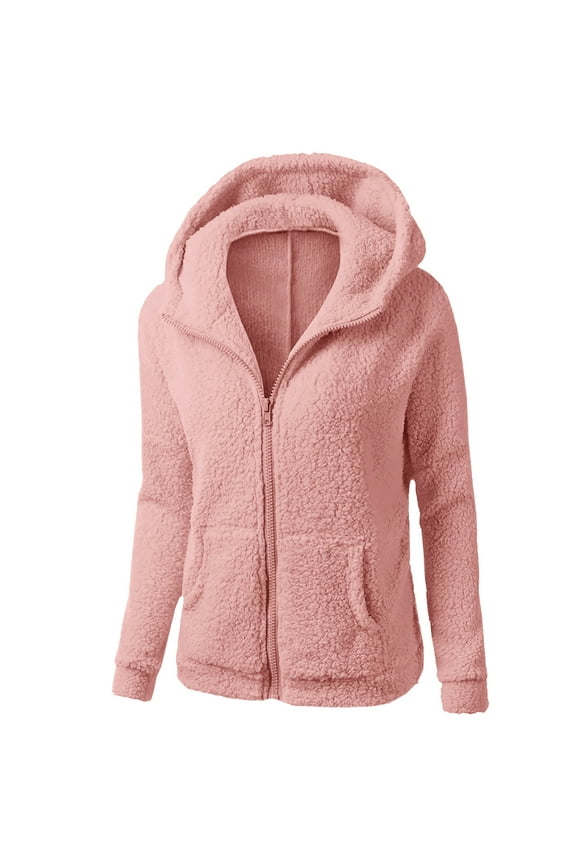 Winter Coats for Women Plus Size Women Hooded Sweater Coat Winter Warm Wool Zipper Coat Long Sleeve Outwear Pink M