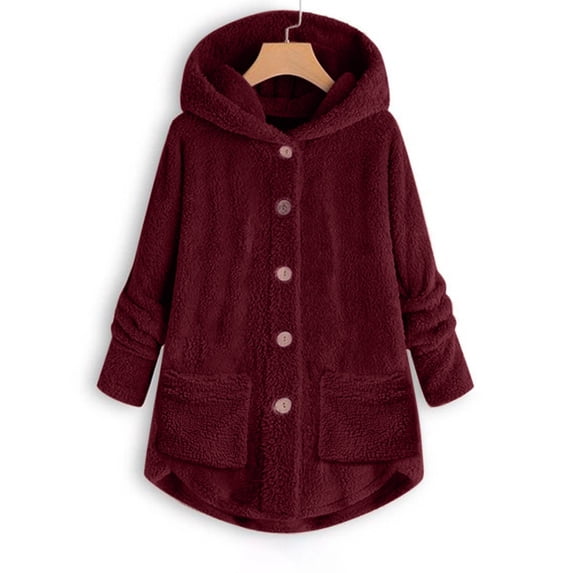 Idoravan Winter Coats for Women Plus Size Clearance Women Plus Size Button Plush Tops Hooded Loose Cardigan Wool Coat Winter Jacket