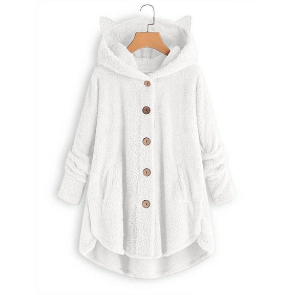 Idoravan Winter Coats for Women Plus Size Fashion Women's Button V-Neck Pullover Tops Long Sleeve Hooded Blouse Ciat White L
