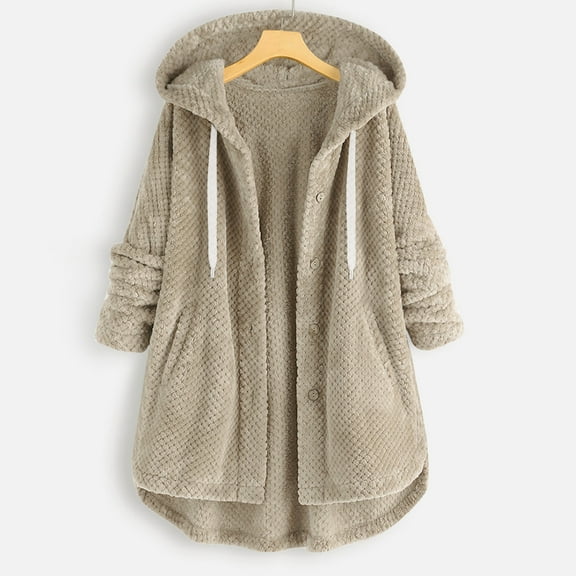 Idoravan Winter Coats for Women Plus Size Women Casual Button Jacket Pockets Long Sleeve Hooded Winter Plain Casual Tops Coat Khaki XXXL