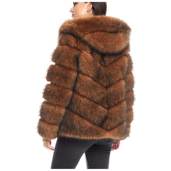 Idoravan Winter Faux Fur Coats for Women Plus Size Womens Ladies Warm Faux Furry Patchwork Coat Jacket Winter Solid Hooded Outerwear Brown XXXL
